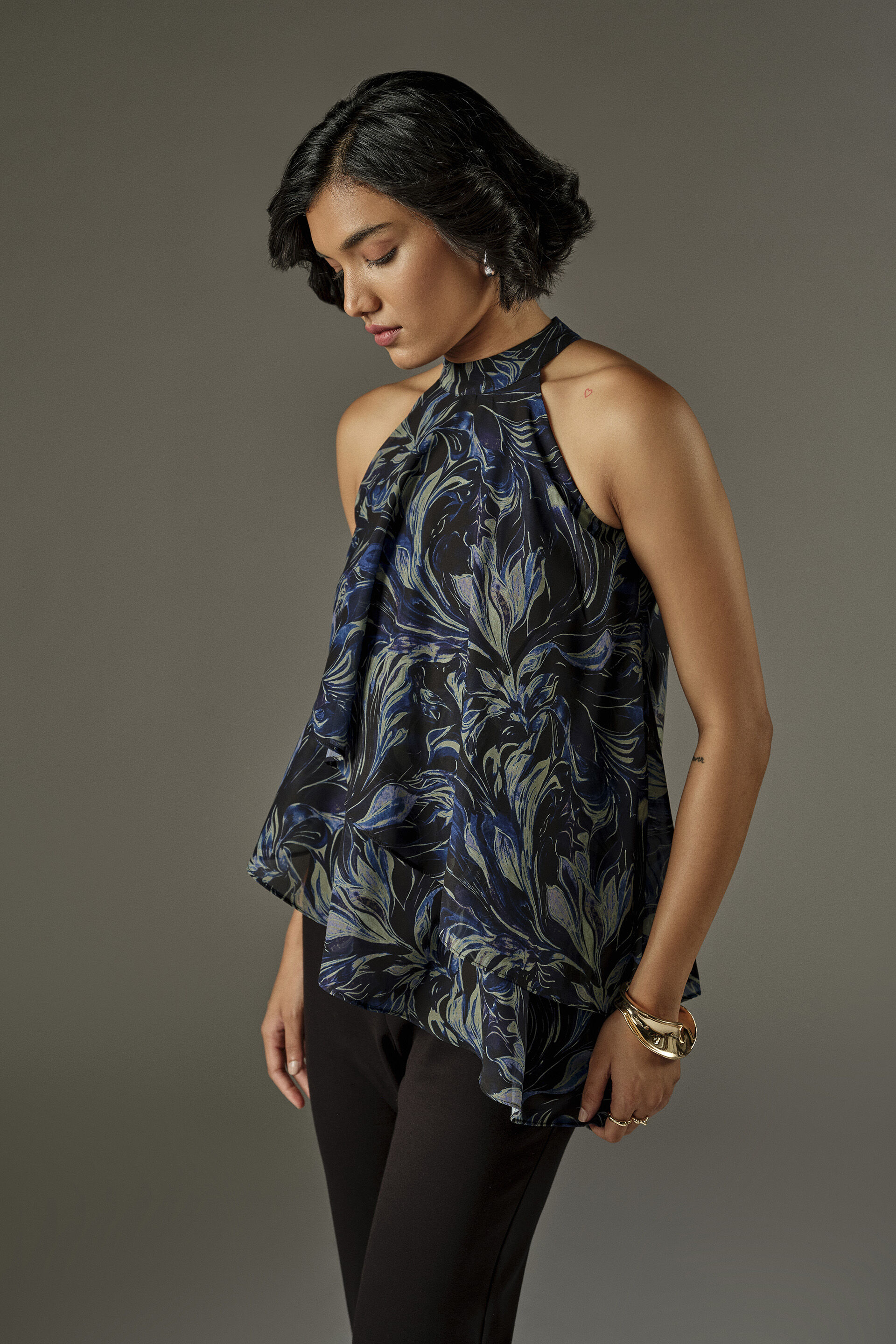 Asymmetric Abstract Print Halter Top in Blue, Blue, image 2